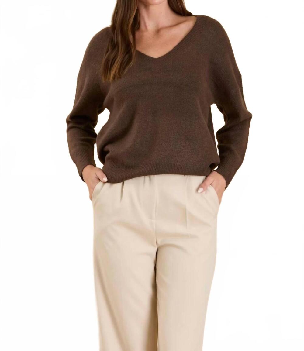 NEW BLU PEPPER charlie solid v-neck drop shoulder sweater in dark mocha